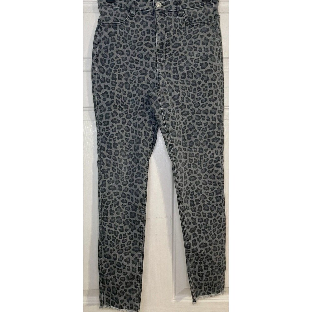 H&M Grey Leopard Animal Print Super Skinny Denim Jeans Raw Hem S